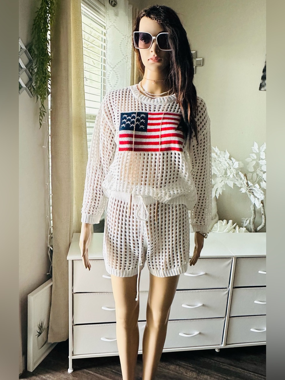 White Mesh American Flag Two-Piece Swim Cover-Up Set Medium New